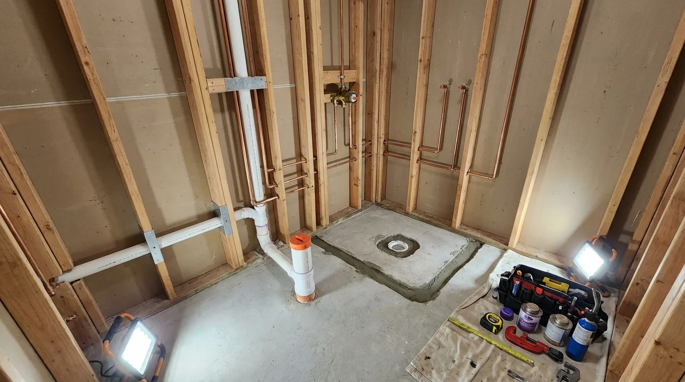 Bathroom rough-in plumbing during remodel by Johns Plumbing LLC in Dresden