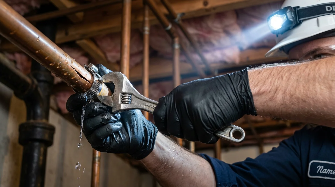 Emergency pipe clamp repair being performed by a Johns Plumbing LLC plumber in Dresden