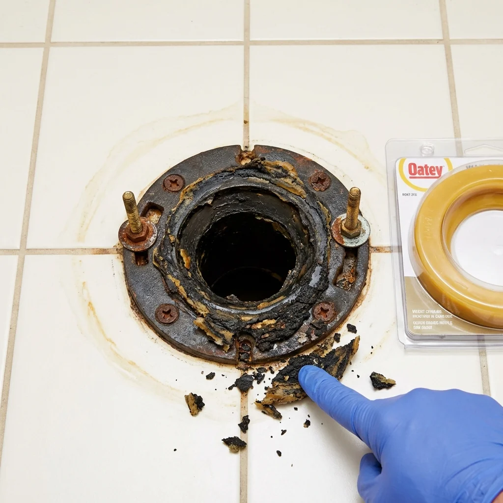 Failed wax ring showing water seepage at the base of a toilet in a Dresden, OH home