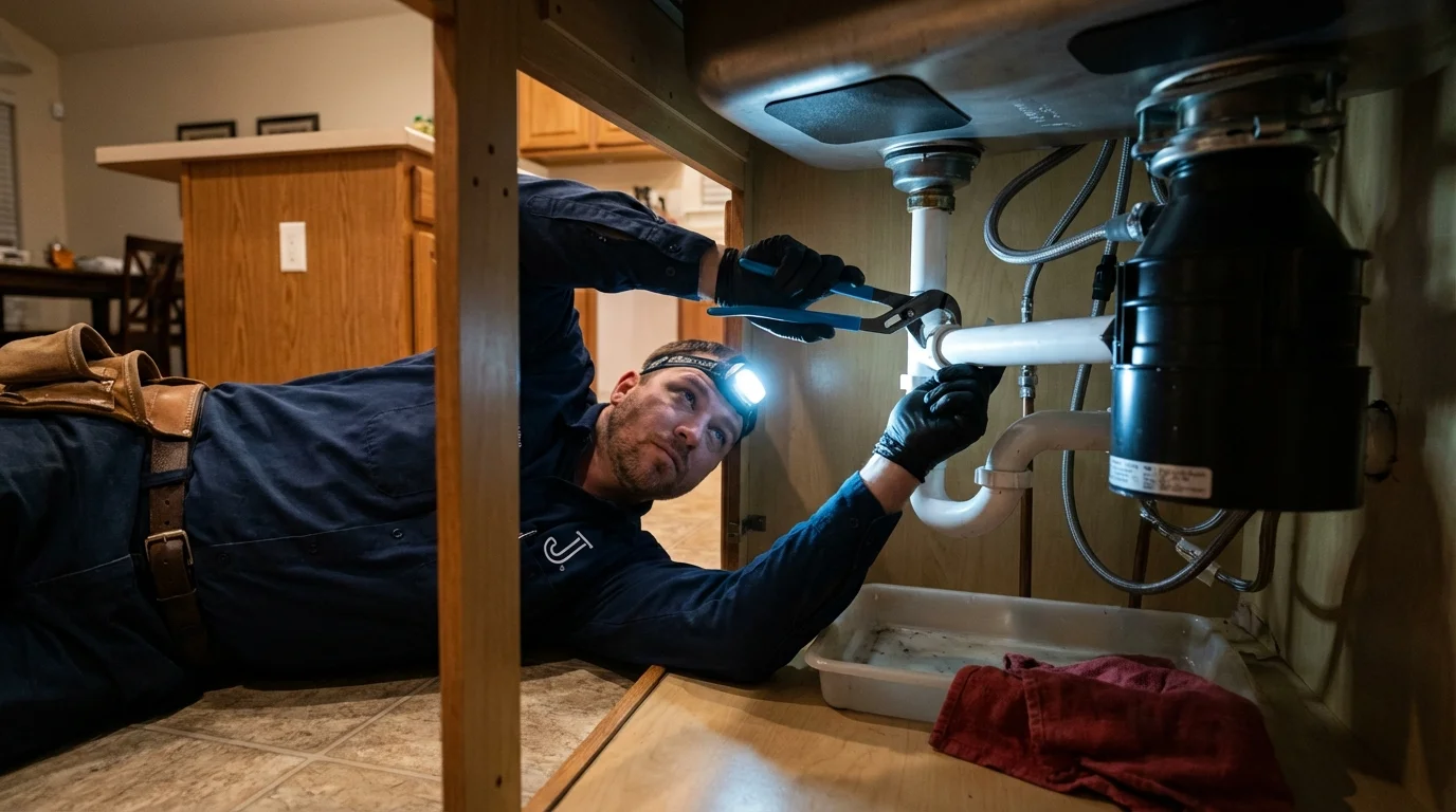 P-trap and supply line connections under a kitchen sink showing a common leak point in Dresden, OH